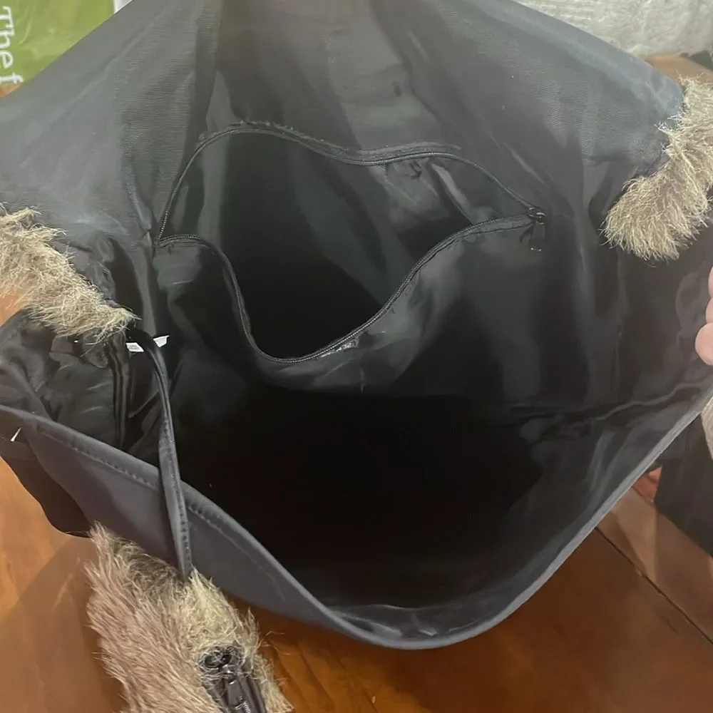 Saks Fifth Avenue Black Nylon Laptop Messenger Bag Faux Fur Trim & Coin Purse